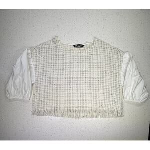 ZARA Textured Tweed Crop Top Blouse Puff Sleeve White size L